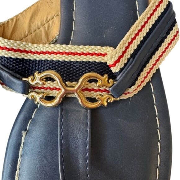 C. Wonder Womens Navy Leather Sandals W/ Gold Accent & Striped Fabric Detail Siz - Picture 2 of 8
